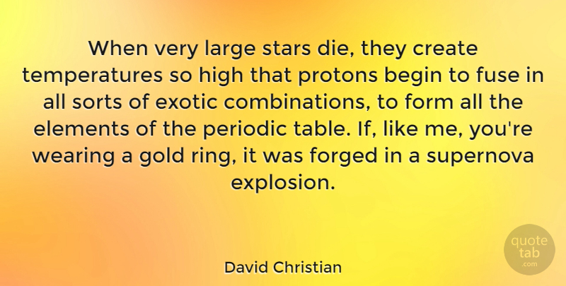 David Christian Quote About Begin, Elements, Exotic, Forged, Form: When Very Large Stars Die...