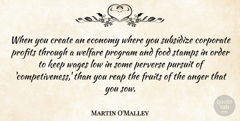 Martin O'Malley Quote About Anger, Corporate, Create, Economy, Food: When You Create An Economy...