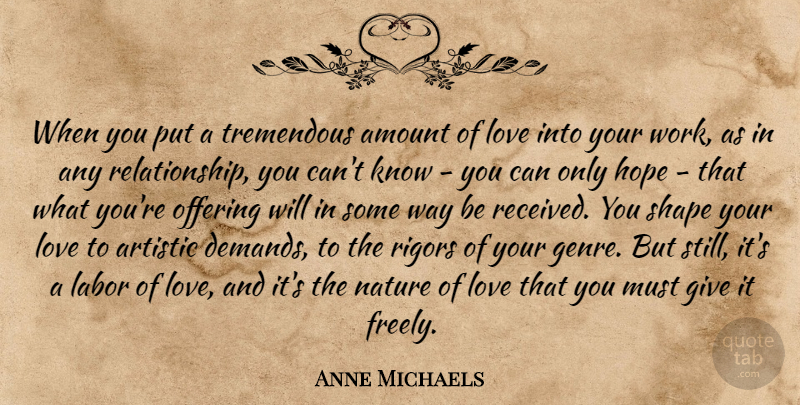 Anne Michaels Quote About Offering, Giving, Demand: When You Put A Tremendous...