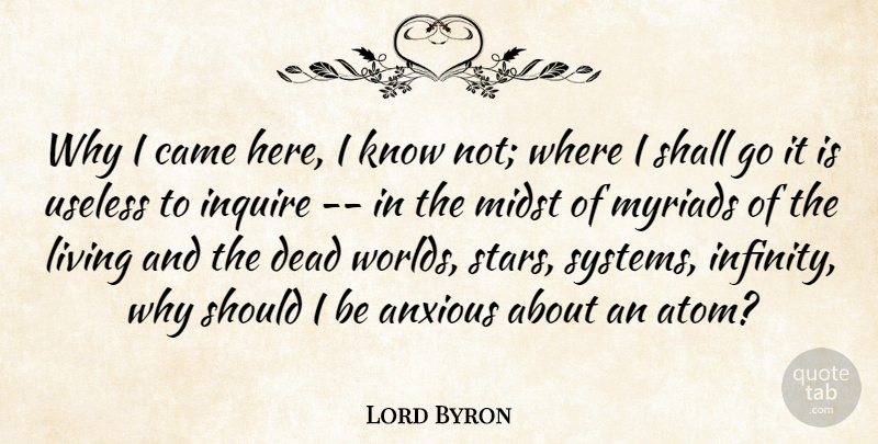 Lord Byron Quote About Anxious, Came, Dead, Living, Midst: Why I Came Here I...