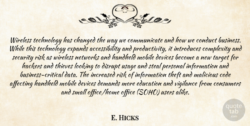 E. Hicks Quote About Affecting, Changed, Code, Complexity, Conduct: Wireless Technology Has Changed The...