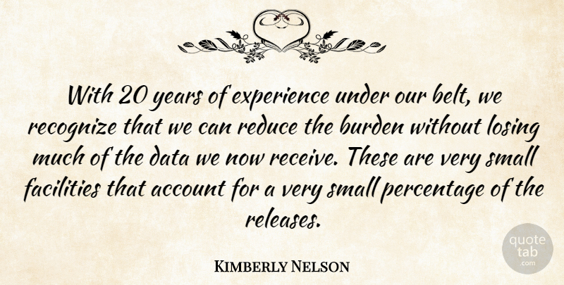 Kimberly Nelson Quote About Account, Burden, Data, Experience, Facilities: With 20 Years Of Experience...