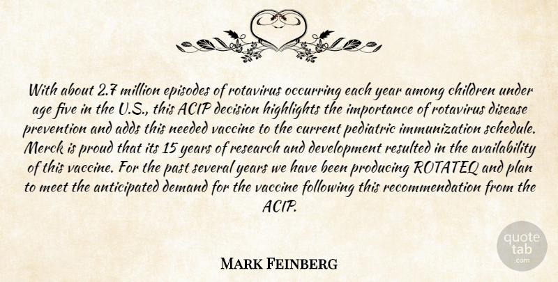 Mark Feinberg Quote About Adds, Age, Age And Aging, Among, Children: With About 2 7 Million...