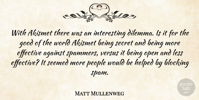 Matt Mullenweg Quote About Blocking, Effective, Good, Helped, Less: With Akismet There Was An...