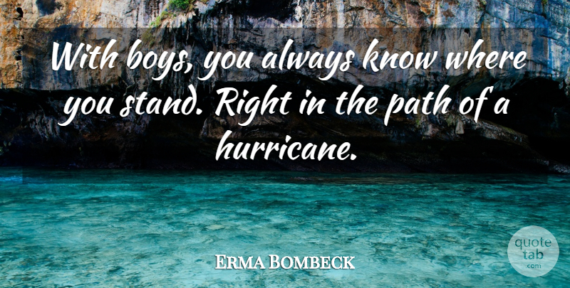Erma Bombeck Quote About Boys, Path, Hurricanes: With Boys You Always Know...