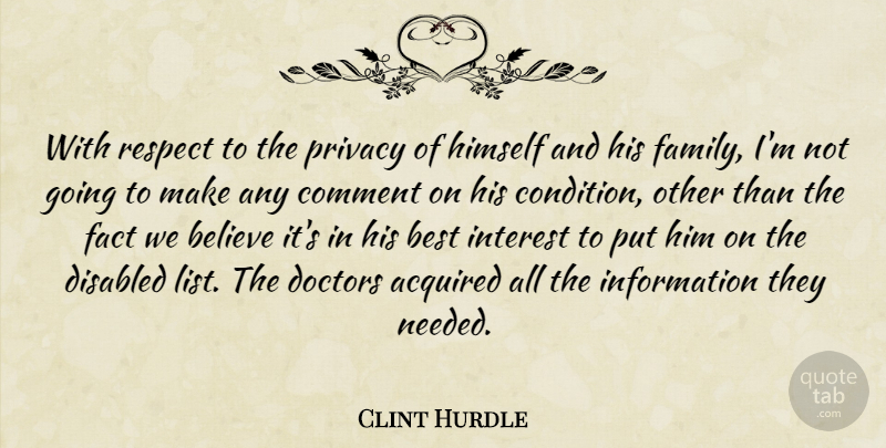 Clint Hurdle Quote About Acquired, Believe, Best, Comment, Disabled: With Respect To The Privacy...