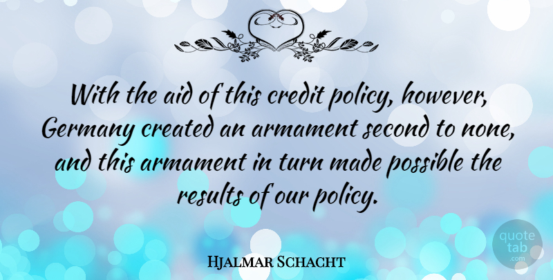 Hjalmar Schacht Quote About Aid, Created, Credit, Germany, Possible: With The Aid Of This...