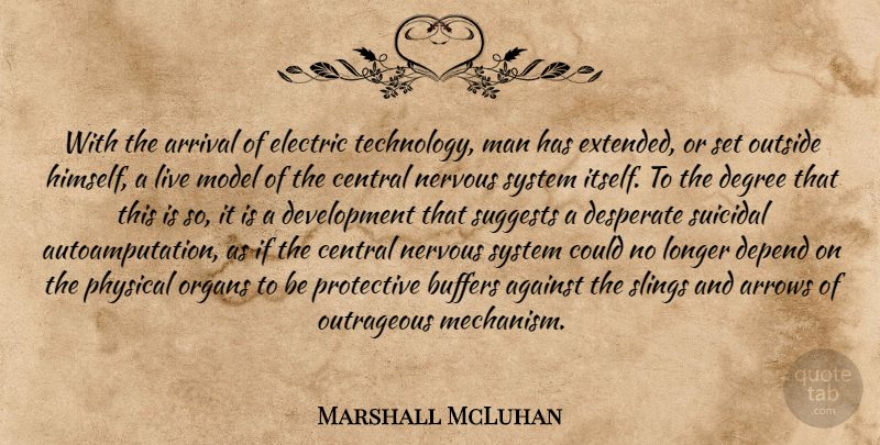 Marshall McLuhan Quote About Suicidal, Technology, Men: With The Arrival Of Electric...