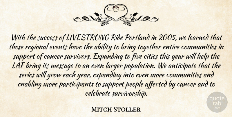 Mitch Stoller Quote About Ability, Affected, Anticipate, Bring, Cancer: With The Success Of Livestrong...