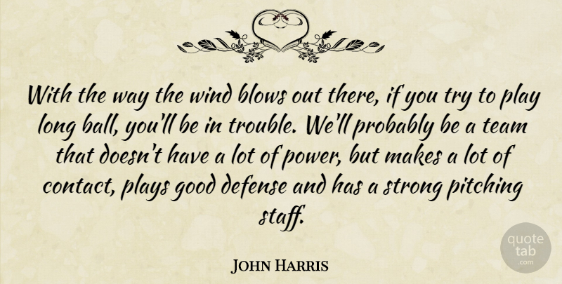 John Harris Quote About Blows, Defense, Good, Pitching, Plays: With The Way The Wind...