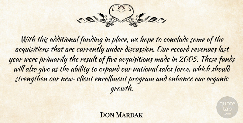 Don Mardak Quote About Ability, Additional, Conclude, Currently, Enhance: With This Additional Funding In...