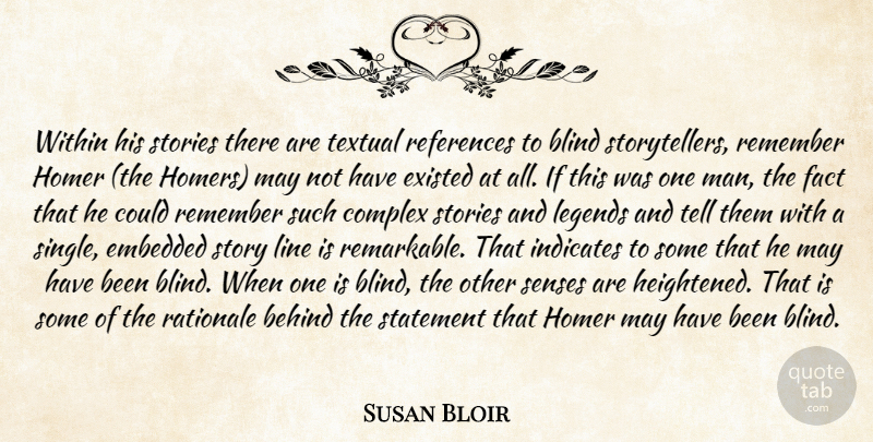 Susan Bloir Quote About Behind, Blind, Complex, Embedded, Existed: Within His Stories There Are...