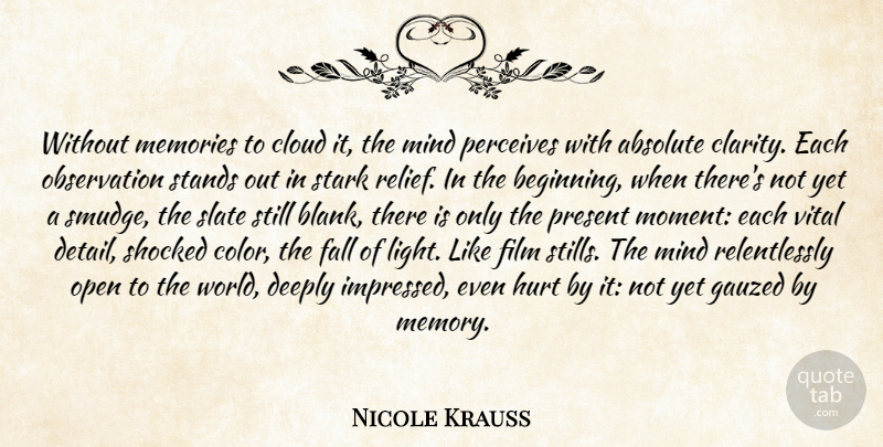 Nicole Krauss Quote About Hurt, Memories, Fall: Without Memories To Cloud It...