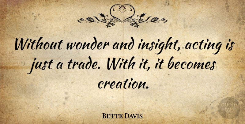 Bette Davis Quote About Acting, Stage Actors, Wonder: Without Wonder And Insight Acting...
