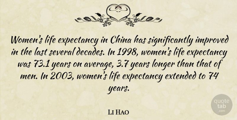 Li Hao Quote About China, Extended, Improved, Last, Life: Womens Life Expectancy In China...