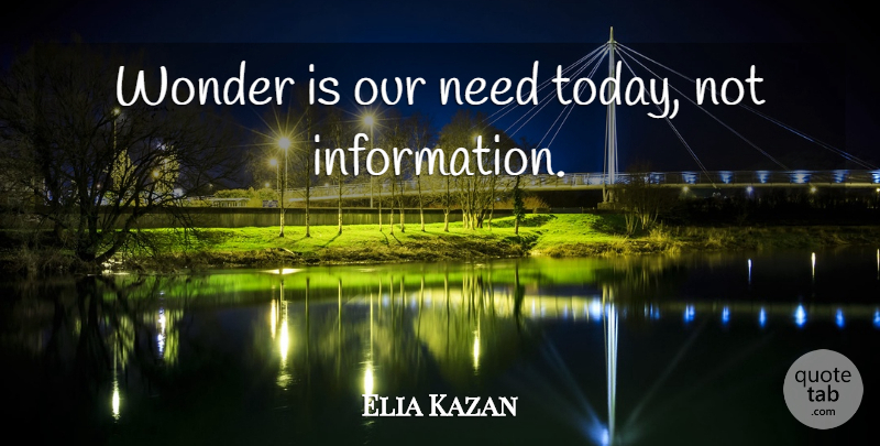 Elia Kazan Quote About Information, Today, Needs: Wonder Is Our Need Today...