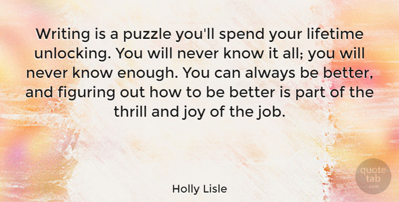 Holly Lisle Quote About Figuring, Lifetime, Thrill: Writing Is A Puzzle Youll...
