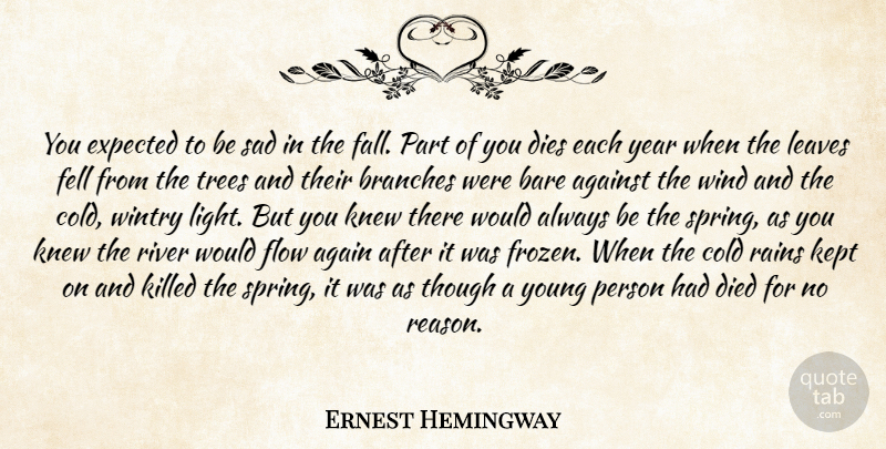Ernest Hemingway Quote About Against, Bare, Branches, Cold, Died: You Expected To Be Sad...