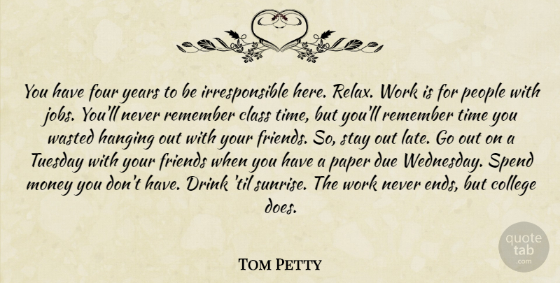 Tom Petty Quote About Class, College, Drink, Due, Four: You Have Four Years To...