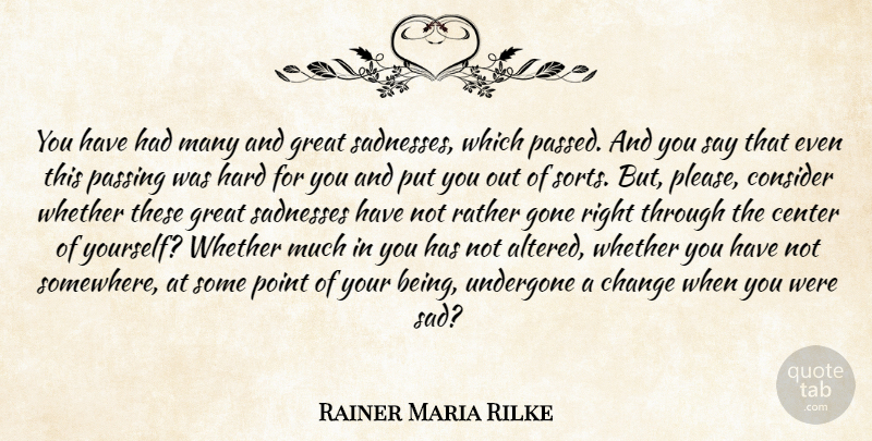 Rainer Maria Rilke Quote About Sadness, Gone, Passing: You Have Had Many And...