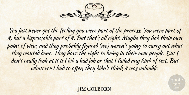 Jim Colborn Quote About Bad, Bring, Carry, Failed, Feeling: You Just Never Got The...