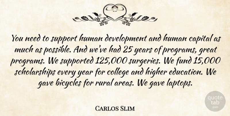 Carlos Slim Quote About Bicycles, Capital, Education, Fund, Gave: You Need To Support Human...