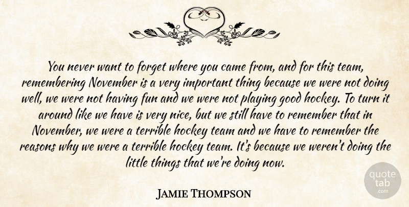 Jamie Thompson Quote About Came, Forget, Fun, Good, Hockey: You Never Want To Forget...