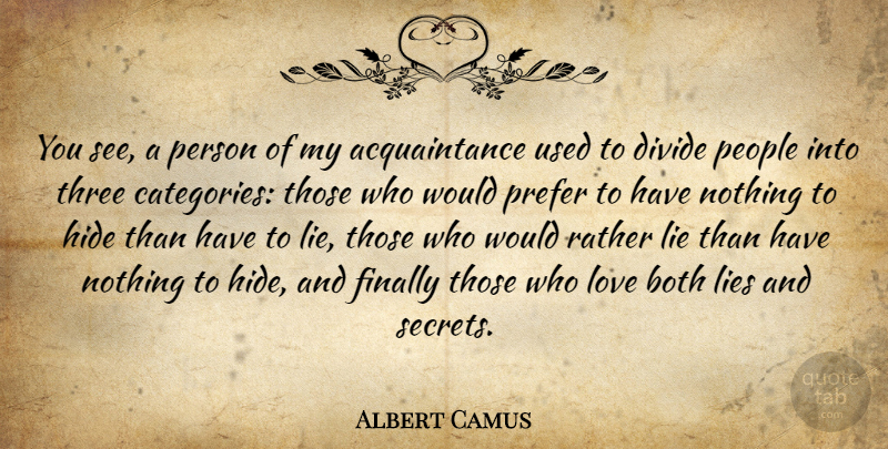Albert Camus Quote About Both, Divide, Finally, Hide, Lie: You See A Person Of...
