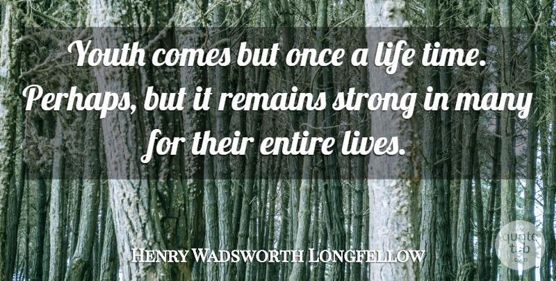 Henry Wadsworth Longfellow Quote About Strong, Youth, Life Time: Youth Comes But Once A...